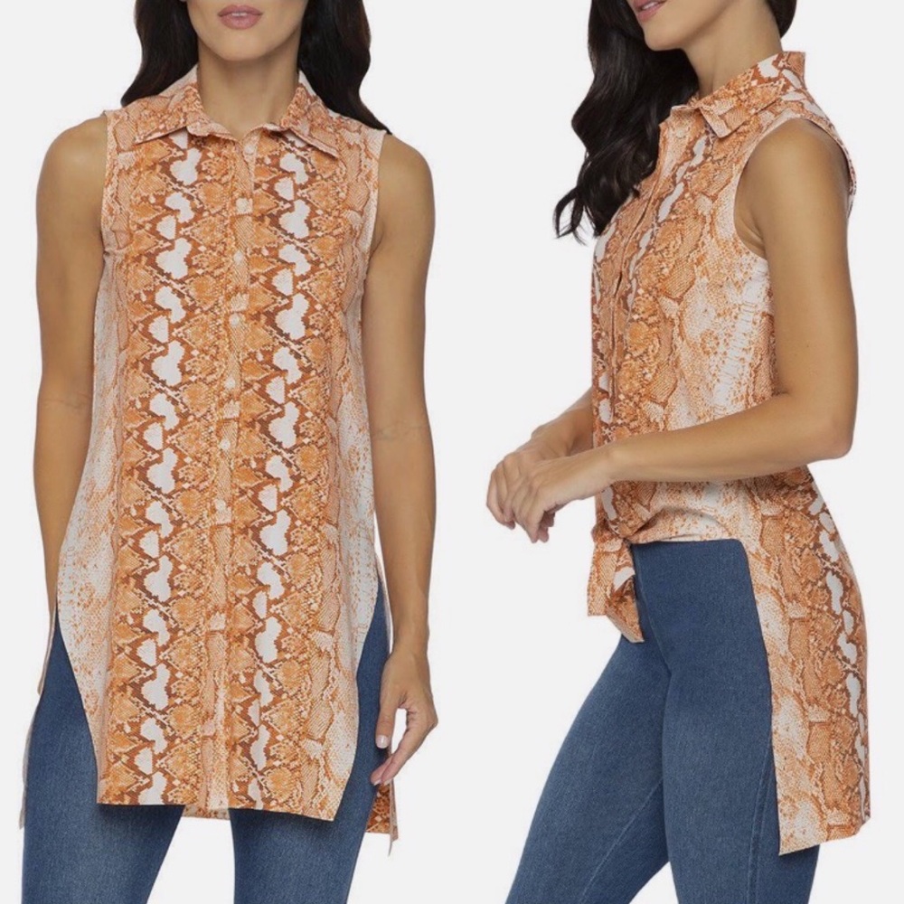 Lysse Copper Snake Print Sleeveless Button Tunic Blouse Sz S